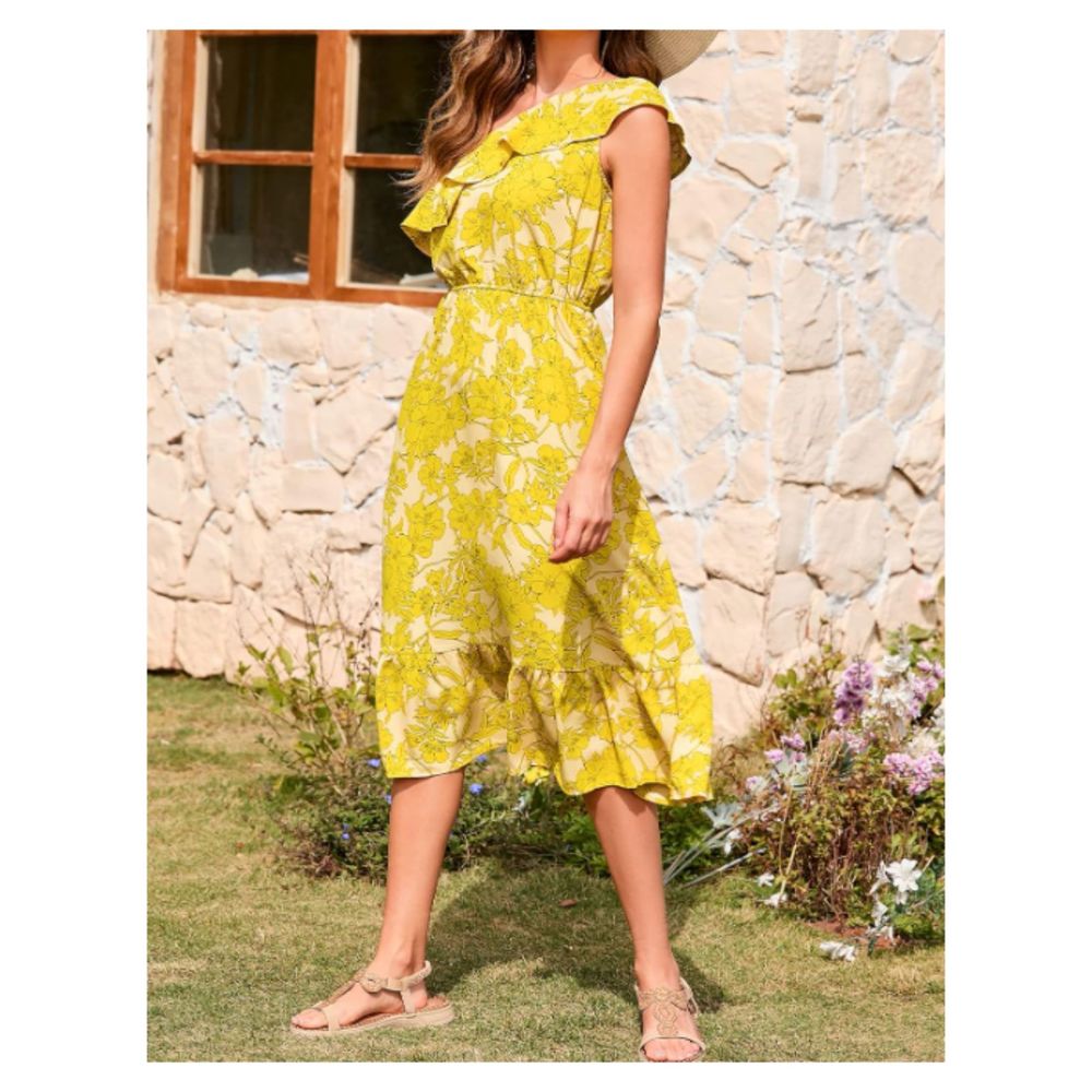 Cupshe Floral Print One Shoulder Ruffle Ankle Length Dress Yellow Size Large